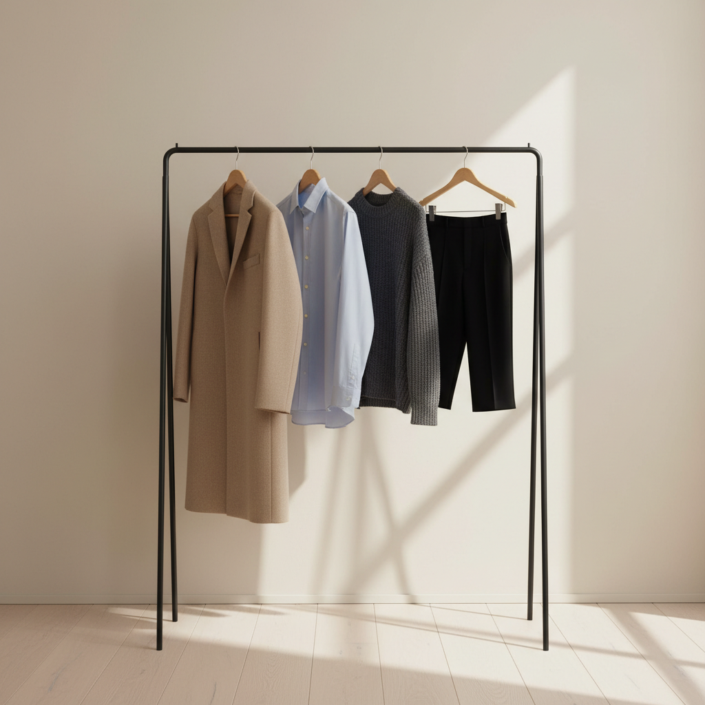 A modern clothing rack crafted from matte black metal with a slim, elegant profile, standing on a pale oak wooden floor against a smooth, light beige wall. Hanging on the rack are carefully spaced everyday garments: a sand-colored wool coat, a soft blue button-up, a charcoal knit sweater, and black tailored trousers, all on matching wooden hangers. Soft natural light from an unseen window on the right casts smooth, elongated shadows on the wall and floor, highlighting fabric drape and silhouette. Photographic realism with an eye-level composition and moderate depth of field, creating a calm, high-end boutique feel that communicates curated style and attention to detail.
