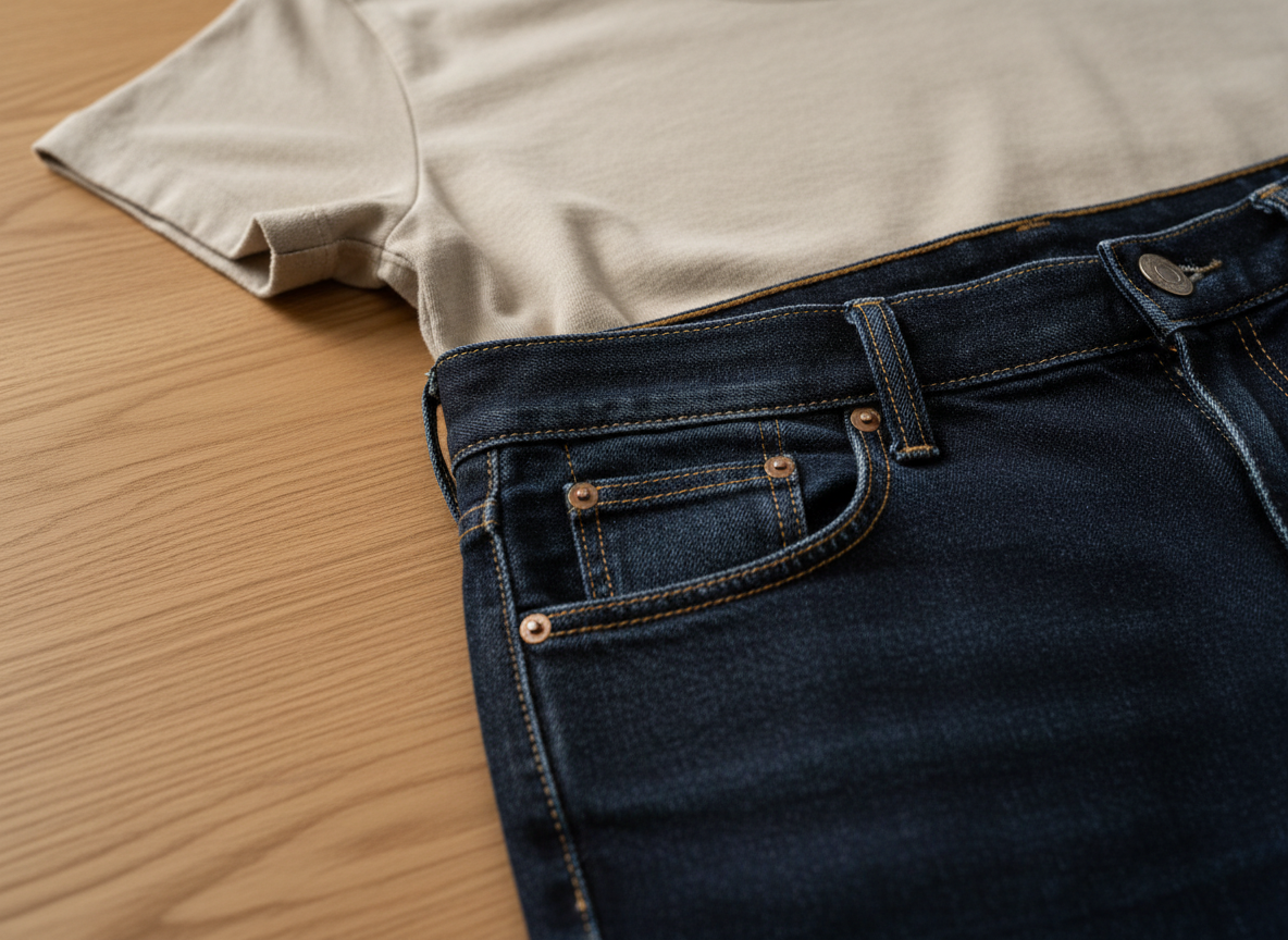 A close-up photographic shot of a premium everyday outfit detail: the waistband and top section of dark indigo denim paired with a tucked-in light beige organic cotton T-shirt. Visible stitching, subtle denim grain, and the smooth weave of the T-shirt are captured in crisp detail. The garments rest on a warm, pale wooden surface that adds a natural touch. Soft side lighting from the left creates gentle highlights along the seams and mild shadows in the fabric folds, emphasizing craftsmanship and comfort. The composition is tight and centered, with a shallow depth of field creating a soft bokeh at the edges, conveying a professional, modern fashion brand focused on quality basics.