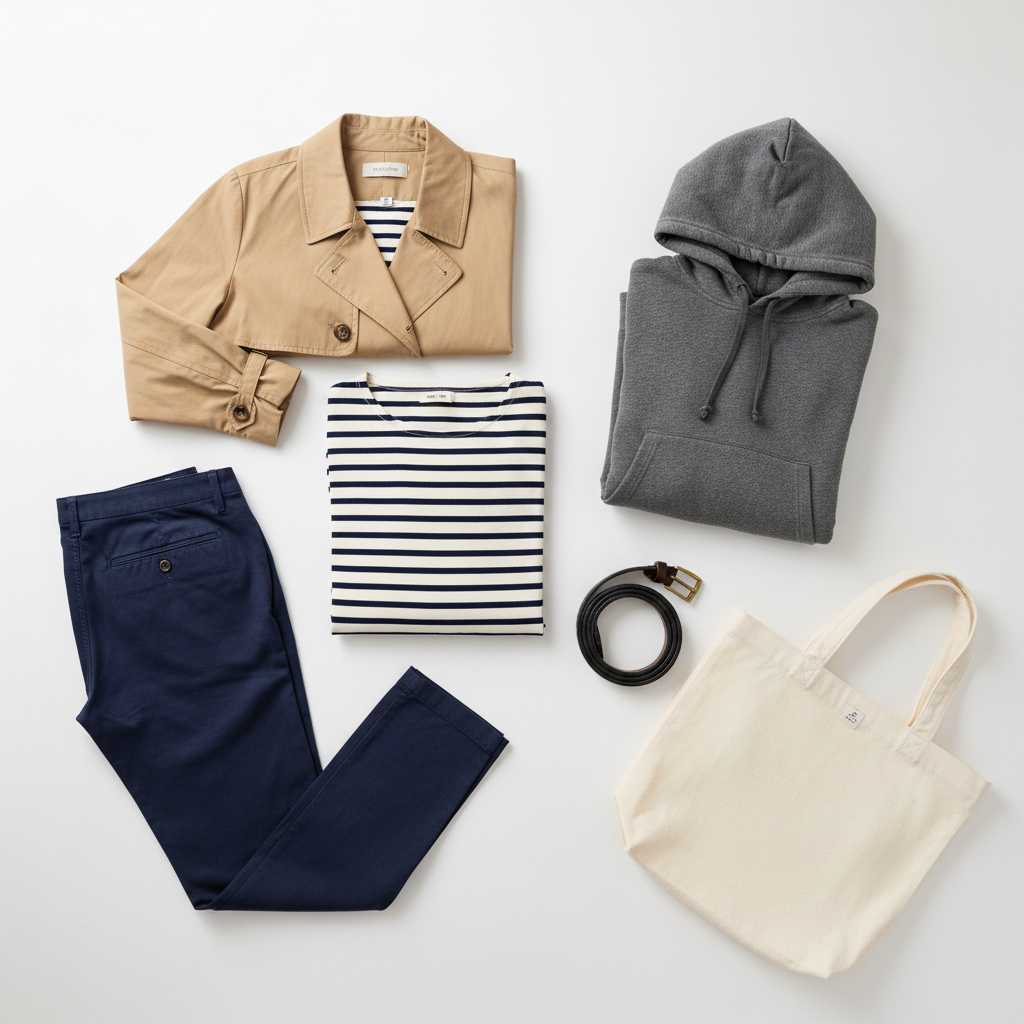 A curated flat lay of casual everyday outfits arranged on a matte white background: tailored navy chinos, a striped cotton top, a sand-colored trench-style outerwear piece, and a charcoal hoodie, each with visible stitching and natural fabric creases. Beside them, neatly coiled leather belts and a minimalist canvas tote add detail without dominating the scene. Diffused overhead studio lighting eliminates harsh shadows, creating a clean and modern photographic look. The composition follows the rule of thirds, with generous negative space around the clothing to feel airy and premium. The mood is professional yet accessible, ideal for a fashion e-commerce homepage hero image focused on versatility and style.