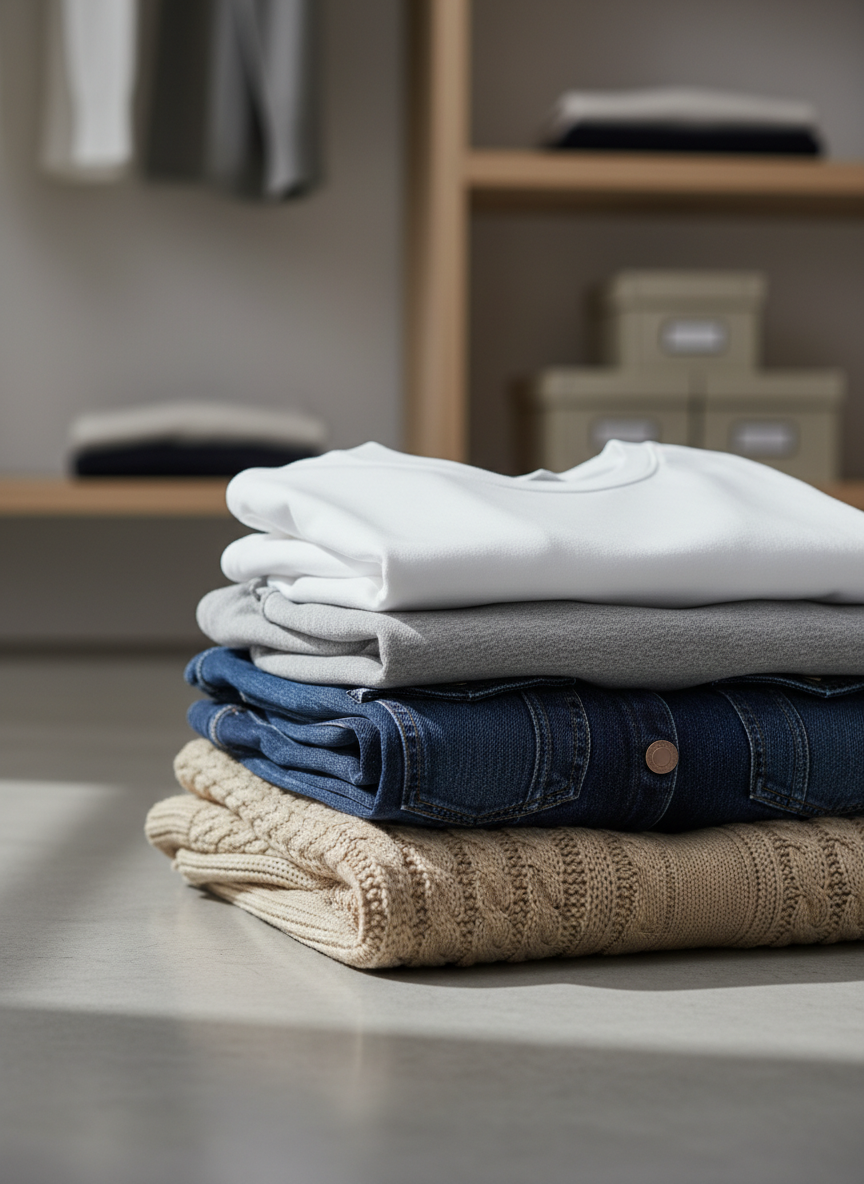 A neatly folded stack of modern everyday clothing arranged on a smooth, light gray concrete tabletop, featuring a crisp white cotton T-shirt, a soft heather-gray sweatshirt, dark indigo jeans, and a beige knit cardigan with visible textured stitching. In the background, minimalist shelving with carefully organized garments and neutral-toned boxes fades into a subtle blur. Soft studio lighting from the left creates gentle highlights on the fabrics and delicate shadows along the folds, emphasizing texture and quality. Photographic realism, shot at eye level with a shallow depth of field and clean, professional composition, conveying a calm, contemporary, fashion-forward online store atmosphere.