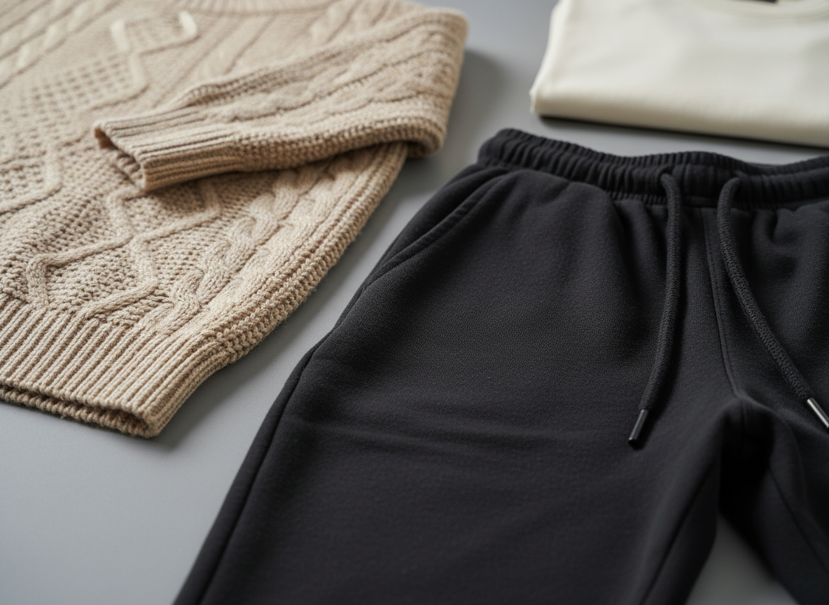 A detailed close-up of a textured oatmeal-colored knit sweater and a pair of soft black cotton joggers laid out on a smooth matte gray surface. The sweater’s ribbed cuffs and hem are prominently displayed, with individual yarn fibers visible, while the joggers show their drawstring waistband and neatly sewn seams. Soft, diffused studio lighting from above and slightly to the side enhances the fabric textures without creating harsh contrasts. In the blurred background, the edge of a folded neutral-toned T-shirt hints at a cohesive everyday wardrobe. Photographic realism, shot at a low, intimate angle, with shallow depth of field to highlight comfort, quality, and relaxed modern style.