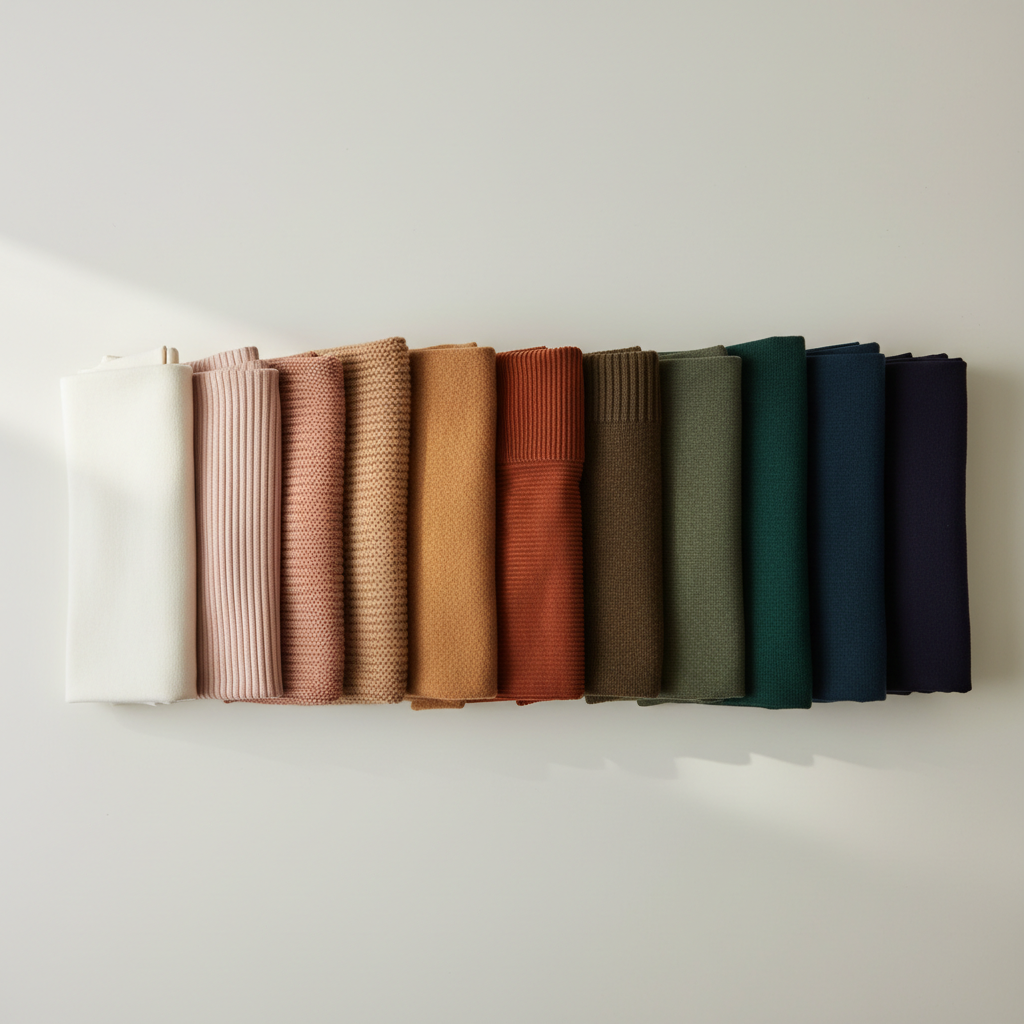 A neatly arranged collection of color swatches created from folded clothing pieces, forming a gradient from soft ivory and blush, through warm camel and terracotta, to deep forest green and midnight navy. Each folded edge reveals a small section of texture—smooth cotton, slightly fuzzy wool, and fine ribbed knits—set on a smooth, light neutral tabletop. Soft, diffused daylight from the left side creates subtle highlights and nearly shadowless illumination, producing a calm, editorial look. Captured in photographic realism from a top-down, flat-lay perspective with sharp focus, the image exudes professional precision and showcases the palette variety of a modern everyday fashion collection.