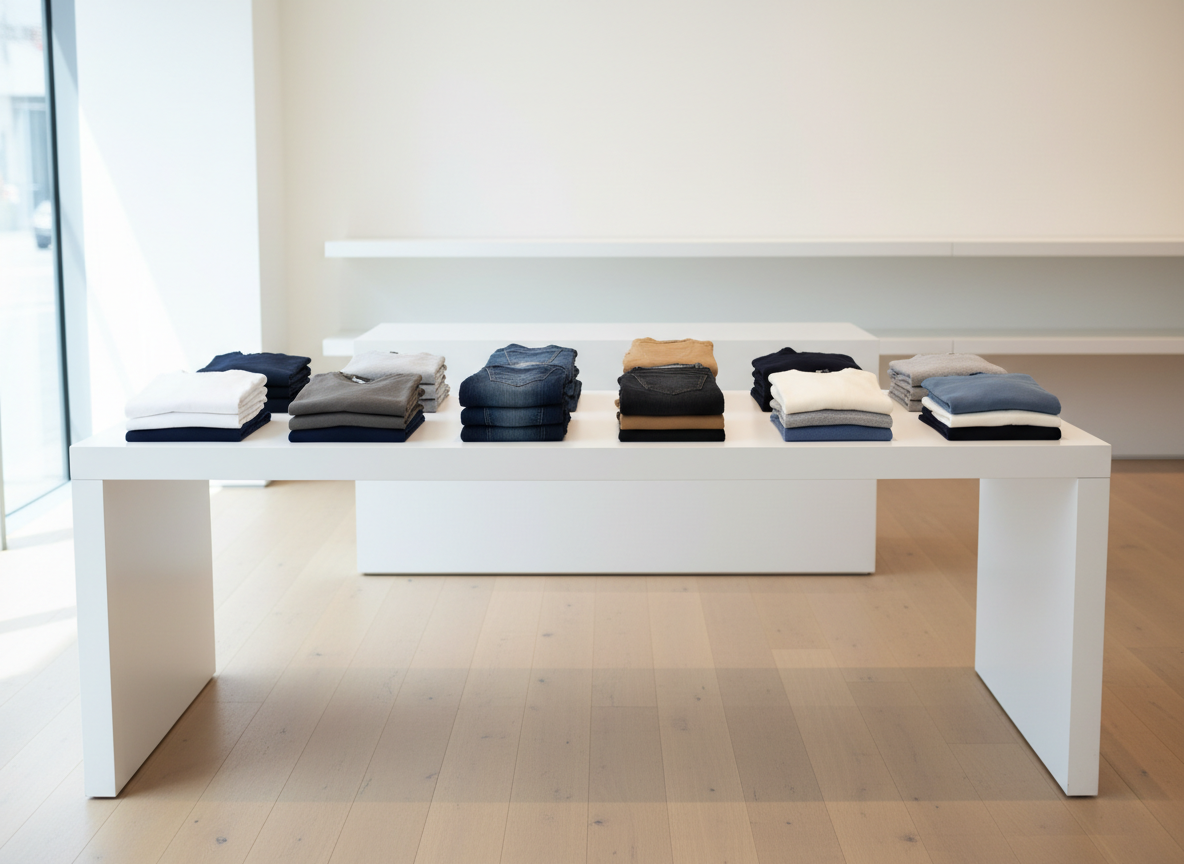 A minimalist product display table in a bright, modern showroom featuring neatly spaced stacks of everyday clothing: monochrome T-shirts, slim-fit jeans, and lightweight knitwear in muted tones of white, gray, navy, and camel. The table is a sleek, white rectangular surface with slightly rounded edges, placed on a light oak floor. Large floor-to-ceiling windows out of frame bathe the scene in soft natural daylight, casting very gentle, diffused shadows under the stacks. Photographic realism from a slightly elevated perspective, with sharp focus on the garments and a subtly blurred background of simple shelving, conveys a professional, aspirational, and clean e-commerce aesthetic.
