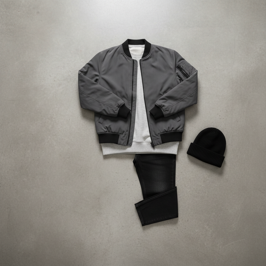 A monochrome-themed everyday outfit arranged on a clean, cool-toned concrete floor: a charcoal bomber jacket with matte zipper details, a light gray crewneck sweatshirt, slim black jeans, and a folded black beanie. Each piece is laid out as if forming a complete look, with sleeves and legs slightly bent to show natural drape. Overhead softbox lighting produces even, diffused light with subtle shadows under each garment, emphasizing shape and structure. The composition is balanced using the rule of thirds, with negative space along one side for potential text overlay. Photographic realism and a sleek, professional aesthetic create a bold yet wearable street-style impression for a modern fashion webshop.